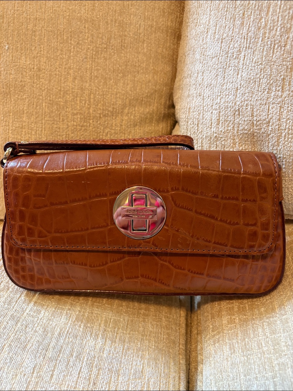 kate spade Croc-Embossed Wristlet Clutch in Cognac Brown